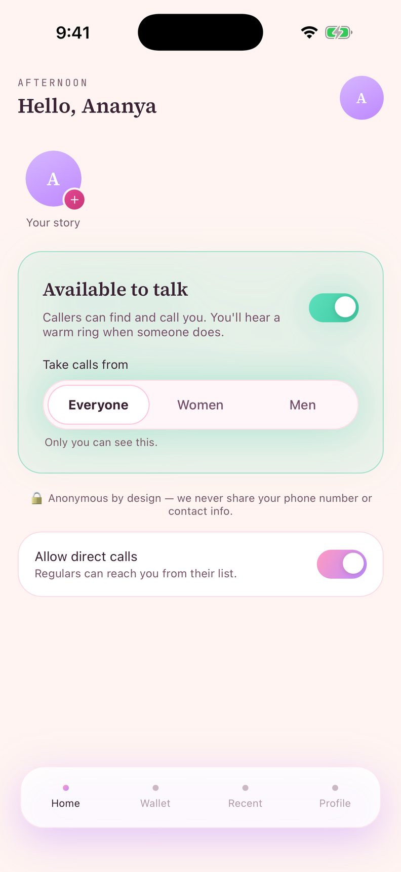 The Yawr home screen: a greeting, your voice story, an Available to talk switch that controls whether anyone can reach you, a choice of who can call you (everyone, women or men), and a separate switch for direct calls.